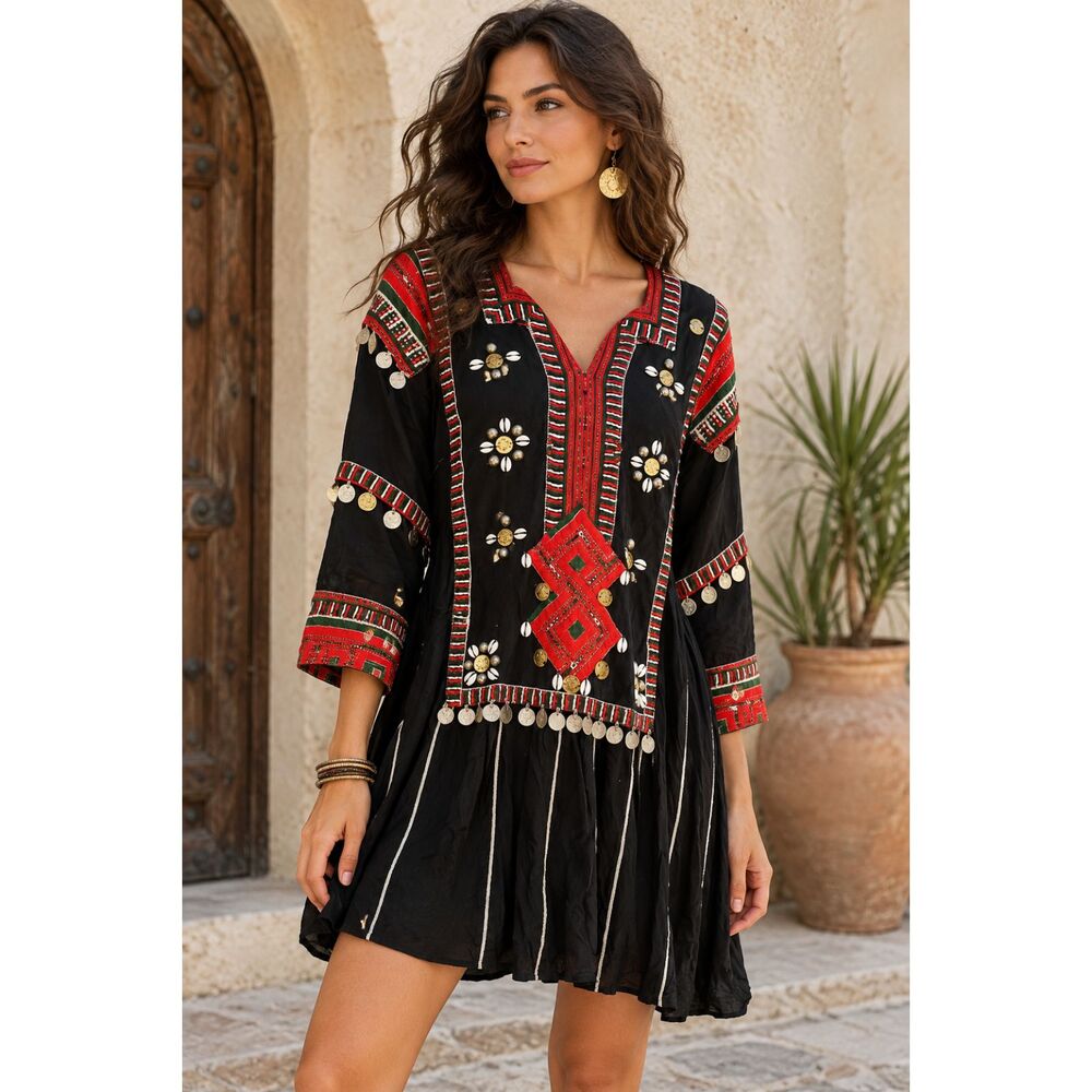 Egyptian Ethnic Black Cotton Dress M Embroidered Coin Shell Boho Festival Tunic